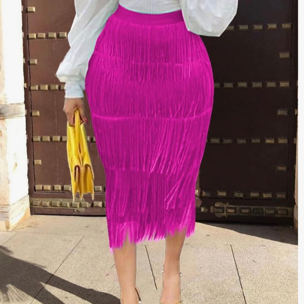 New AOMEI Women's High Waist Pink Fringe Tiered Bodycon Pencil Midi Skirt